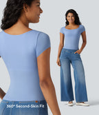High Stretch Square Neck Built-in Bra Short Sleeve Casual T-Shirt B-DD Cups — Ocean Eyes - Light Blue — view 8