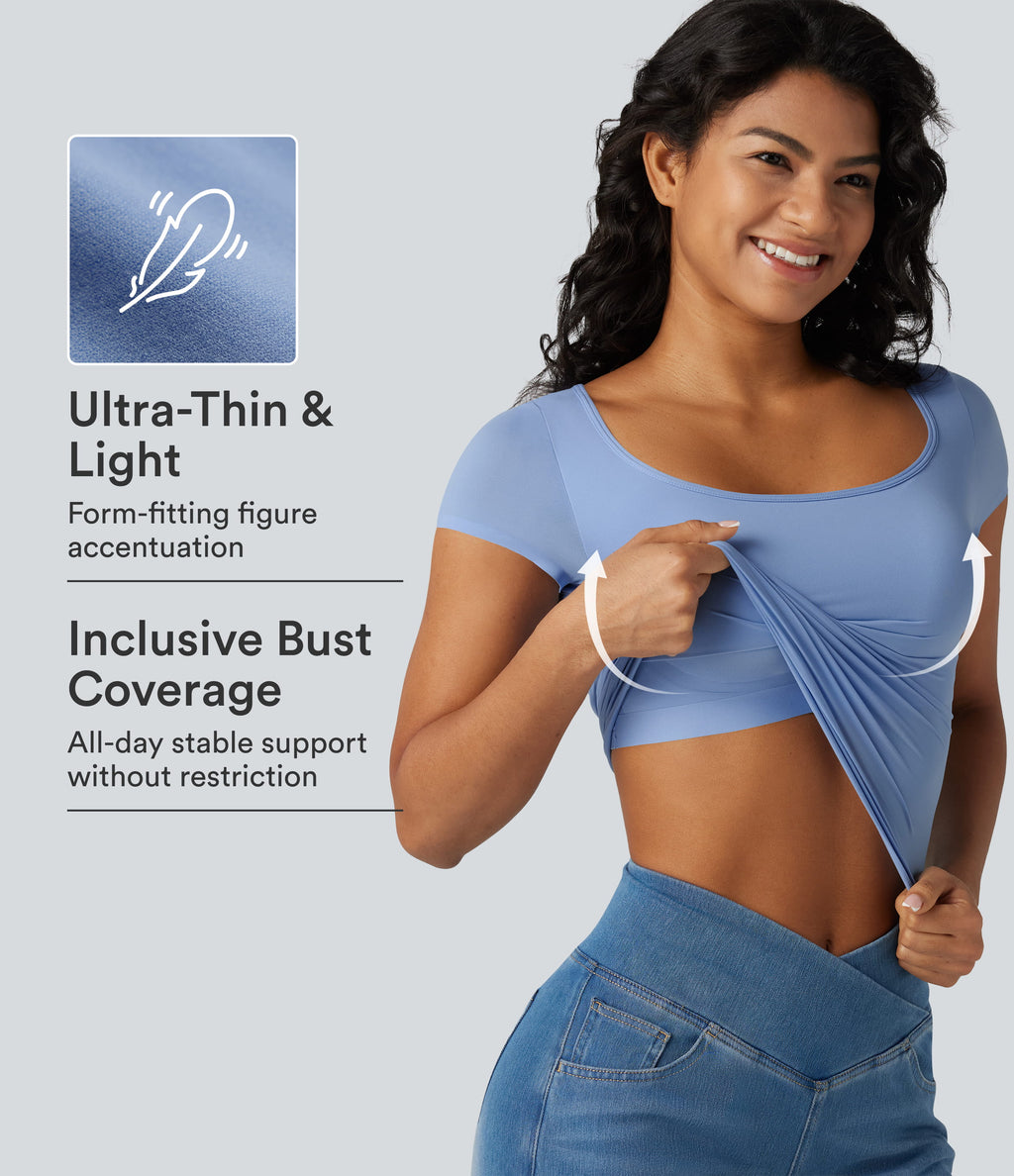 High Stretch Square Neck Built-in Bra Short Sleeve Casual T-Shirt B-DD Cups — Ocean Eyes - Light Blue — view 1