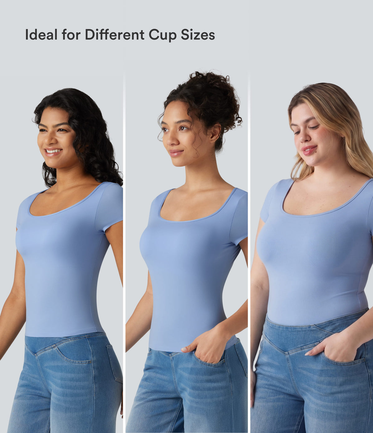 High Stretch Square Neck Built-in Bra Short Sleeve Casual T-Shirt B-DD Cups — Ocean Eyes - Light Blue — view 3