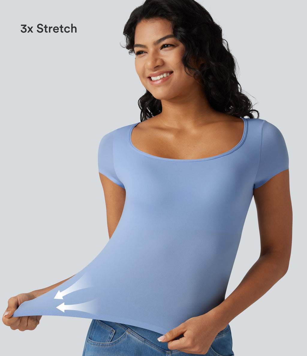 High Stretch Square Neck Built-in Bra Short Sleeve Casual T-Shirt B-DD Cups — Ocean Eyes - Light Blue — view 7