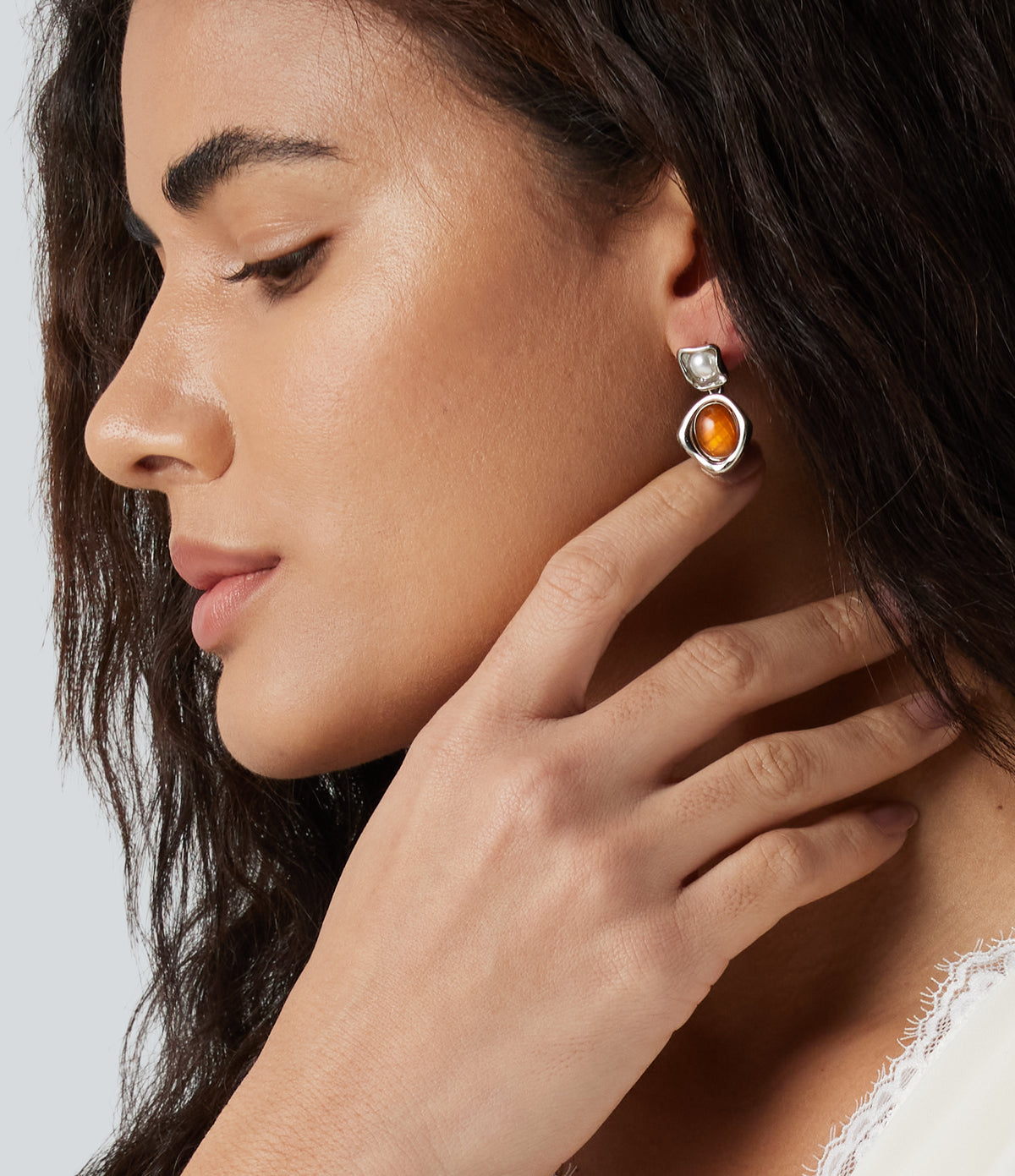 Alloy & Acrylic Pearl Electroplated Earrings — Silver — view 3