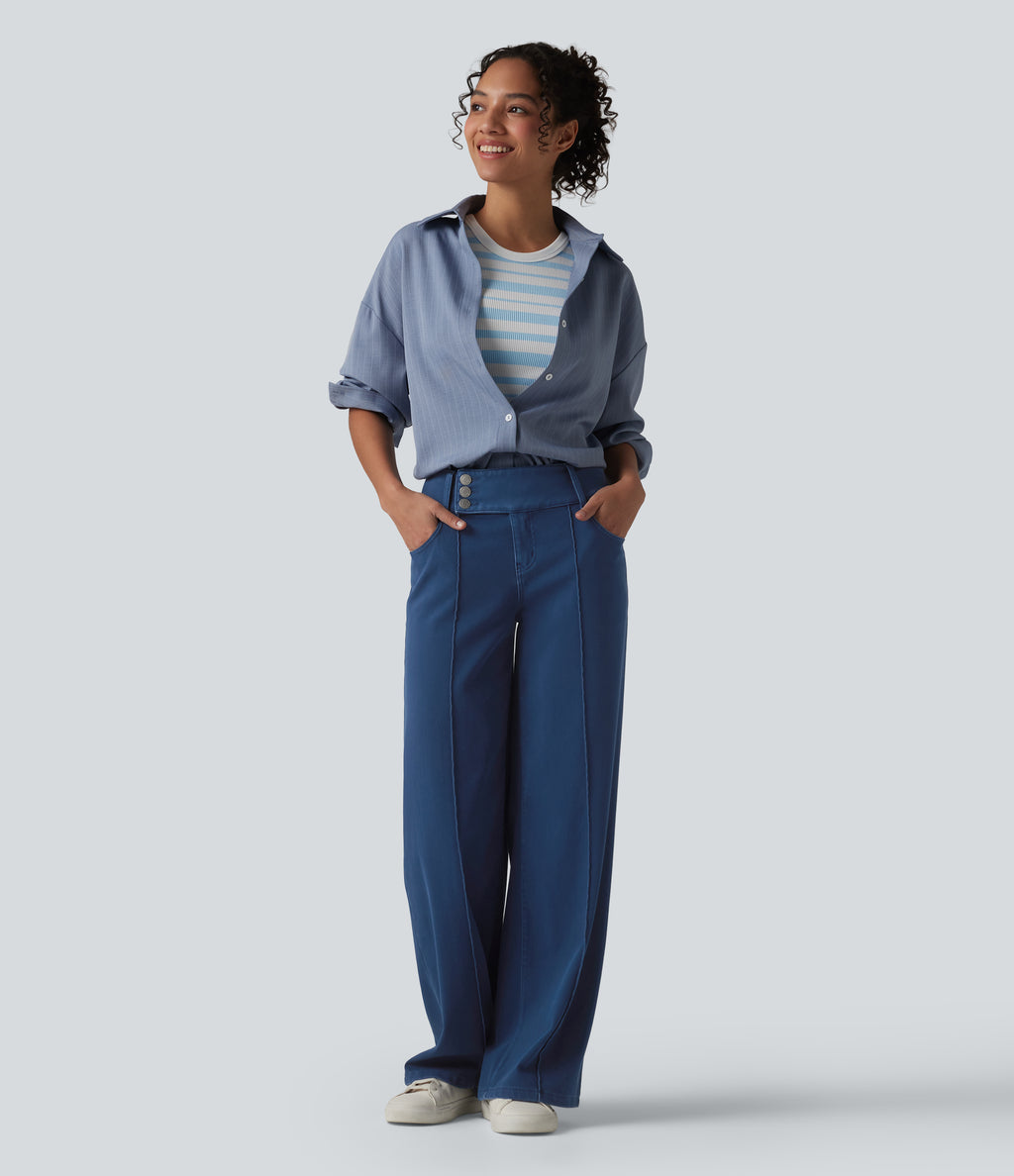 Low Rise Straight Leg Colorful Work Jeans with Pockets — Midnight Fjord — view 6