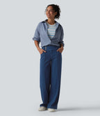 Low Rise Straight Leg Colorful Work Jeans with Pockets — Midnight Fjord — view 6