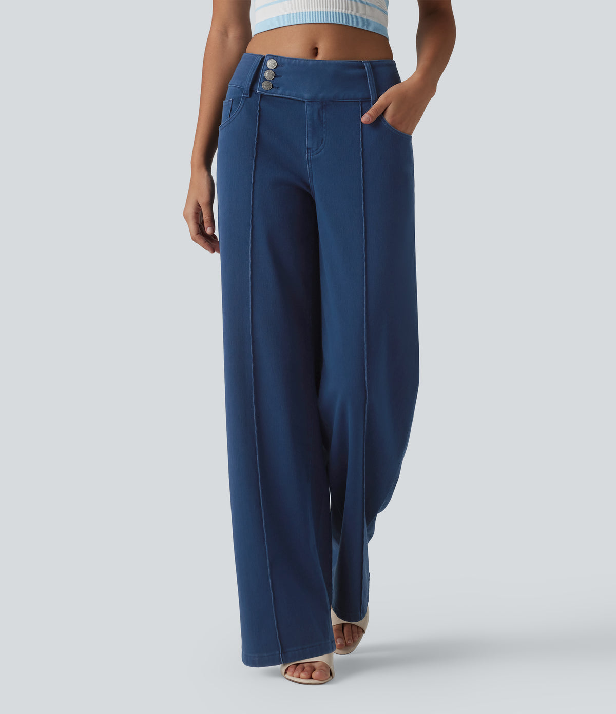 Low Rise Straight Leg Colorful Work Jeans with Pockets — Midnight Fjord — view 1