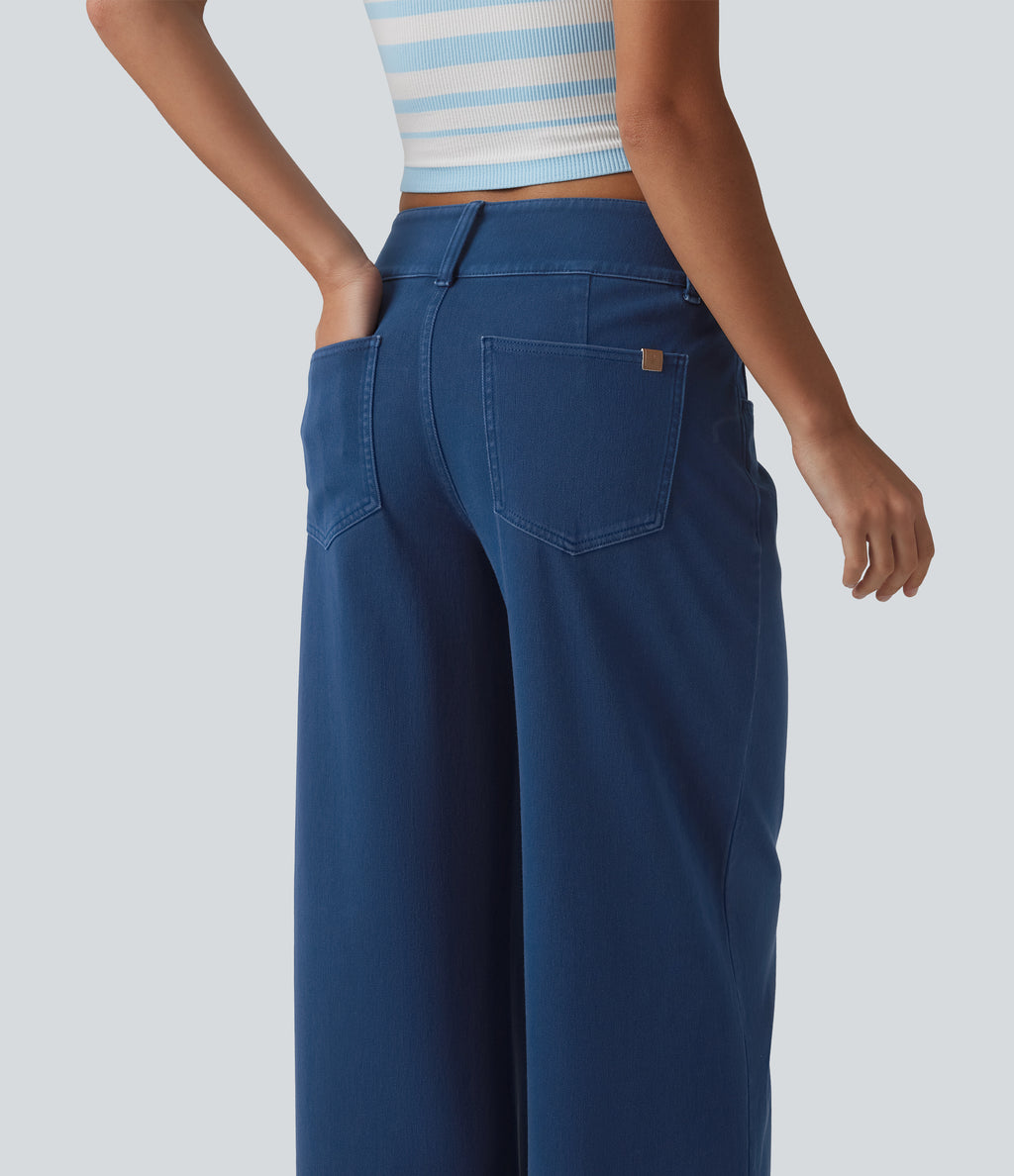 Low Rise Straight Leg Colorful Work Jeans with Pockets — Midnight Fjord — view 5