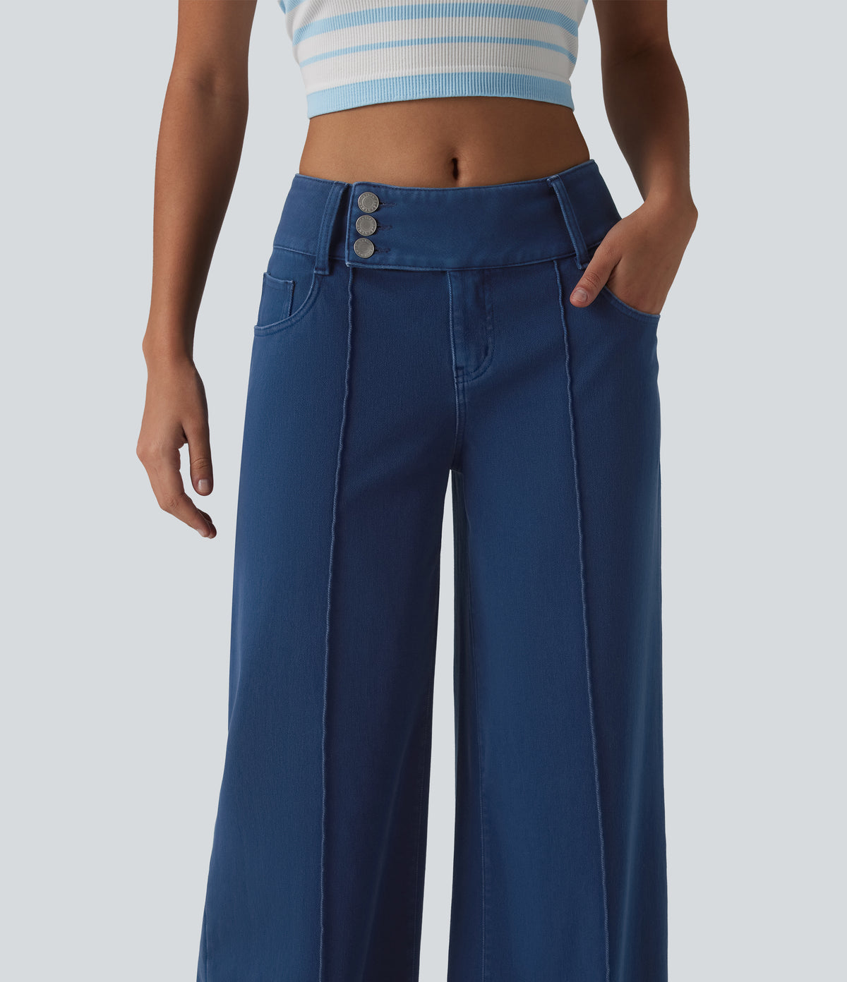 Low Rise Straight Leg Colorful Work Jeans with Pockets — Midnight Fjord — view 4