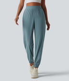 High Waisted Inner Drawstring Eyelet 2-in-1 Zip Hem Quick Dry Running Joggers with Pockets — Stone Blue — view 3