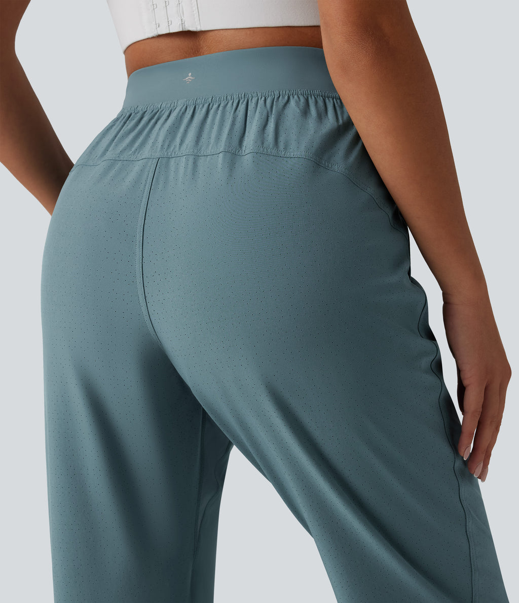 High Waisted Inner Drawstring Eyelet 2-in-1 Zip Hem Quick Dry Running Joggers with Pockets — Stone Blue — view 7
