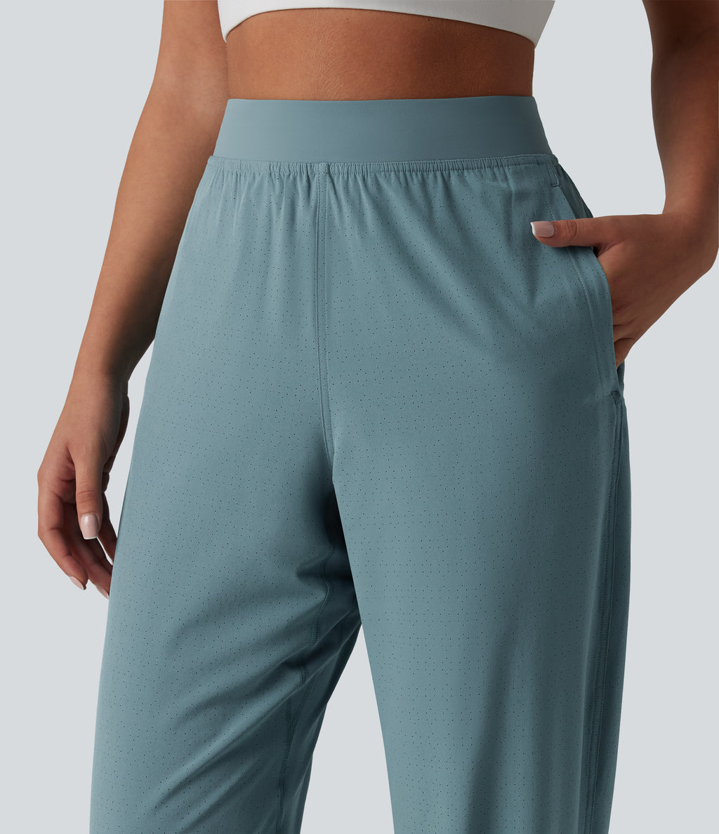High Waisted Inner Drawstring Eyelet 2-in-1 Zip Hem Quick Dry Running Joggers with Pockets — Stone Blue — view 6