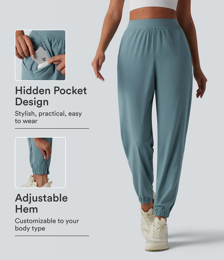 High Waisted Inner Drawstring Eyelet 2-in-1 Zip Hem Quick Dry Running Joggers with Pockets — Stone Blue — view 1