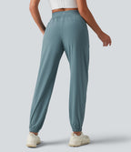 High Waisted Inner Drawstring Eyelet 2-in-1 Zip Hem Quick Dry Running Joggers with Pockets — Stone Blue — view 2