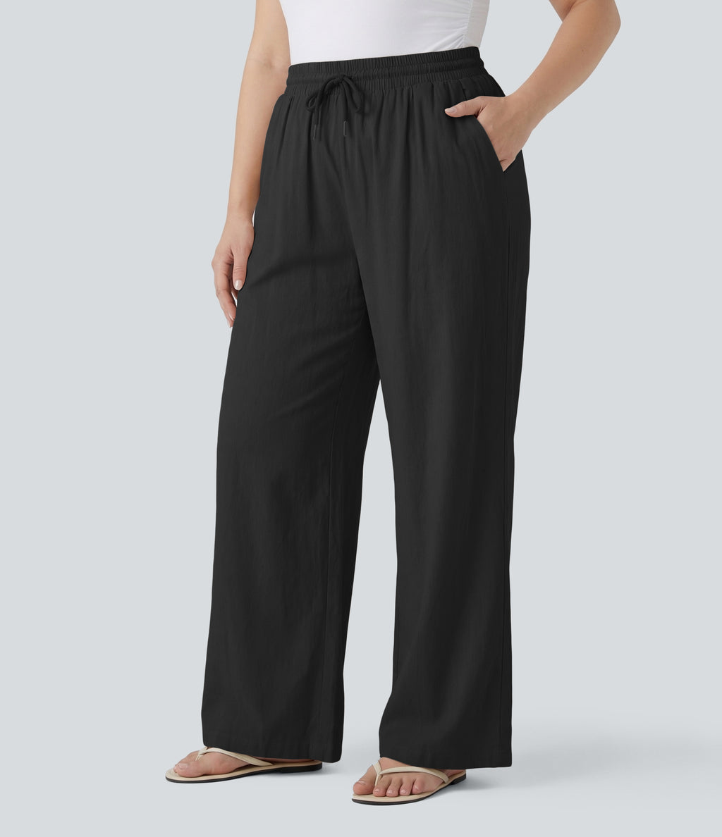 Plus Size High Waisted Drawstring Wide Leg Casual Linen-Blend Pants with Pockets — Black — view 6