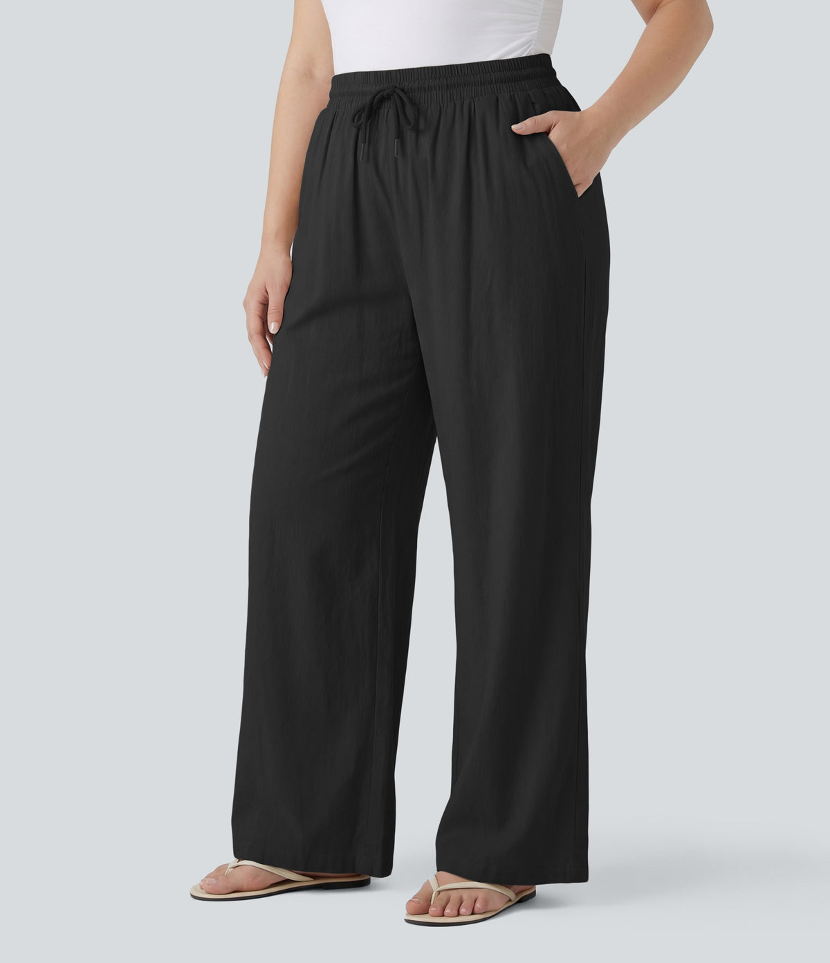 Plus Size High Waisted Drawstring Wide Leg Casual Linen-Blend Pants with Pockets — Black — view 6