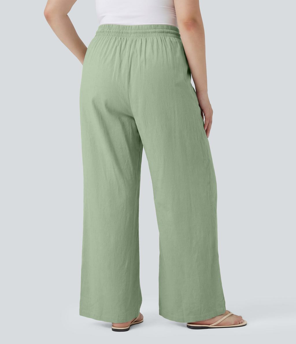 Plus Size High Waisted Drawstring Wide Leg Casual Linen-Blend Pants with Pockets — Mist Meadow Green — view 2