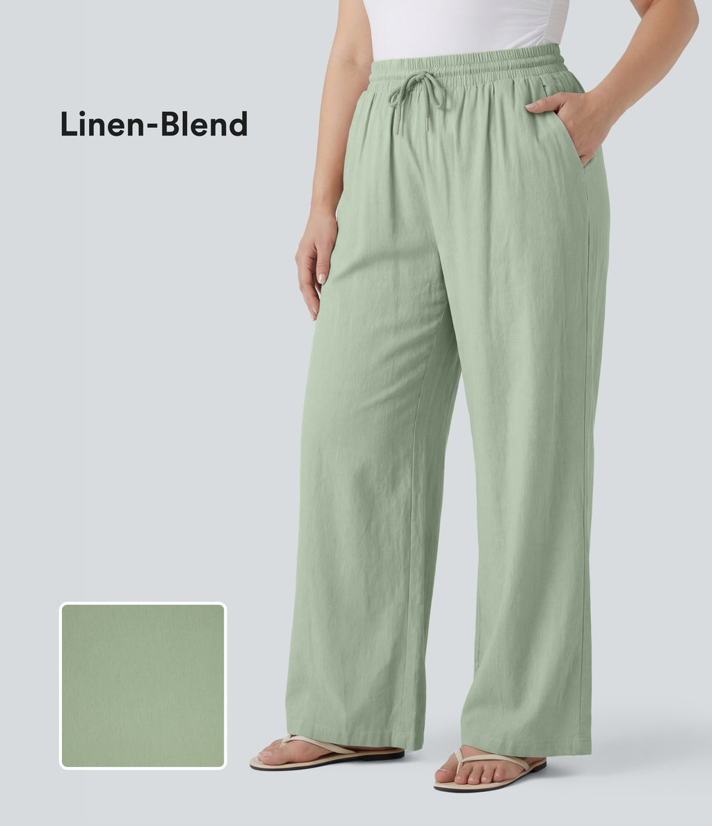 Plus Size High Waisted Drawstring Wide Leg Casual Linen-Blend Pants with Pockets — Mist Meadow Green — view 1