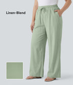 Plus Size High Waisted Drawstring Wide Leg Casual Linen-Blend Pants with Pockets — Mist Meadow Green — view 1