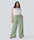 Plus Size High Waisted Drawstring Wide Leg Casual Linen-Blend Pants with Pockets — Mist Meadow Green — view 5