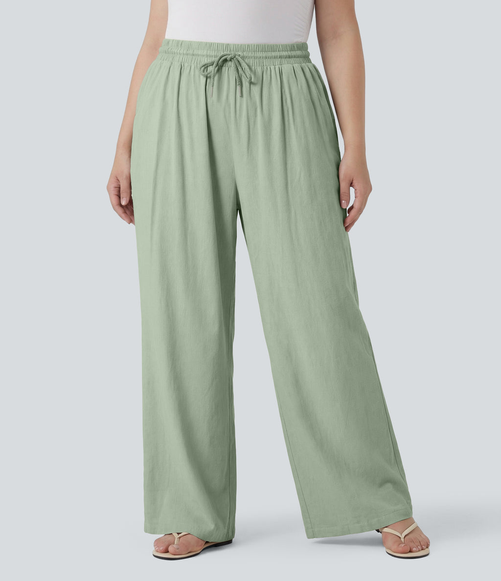 Plus Size High Waisted Drawstring Wide Leg Casual Linen-Blend Pants with Pockets — Mist Meadow Green — view 3