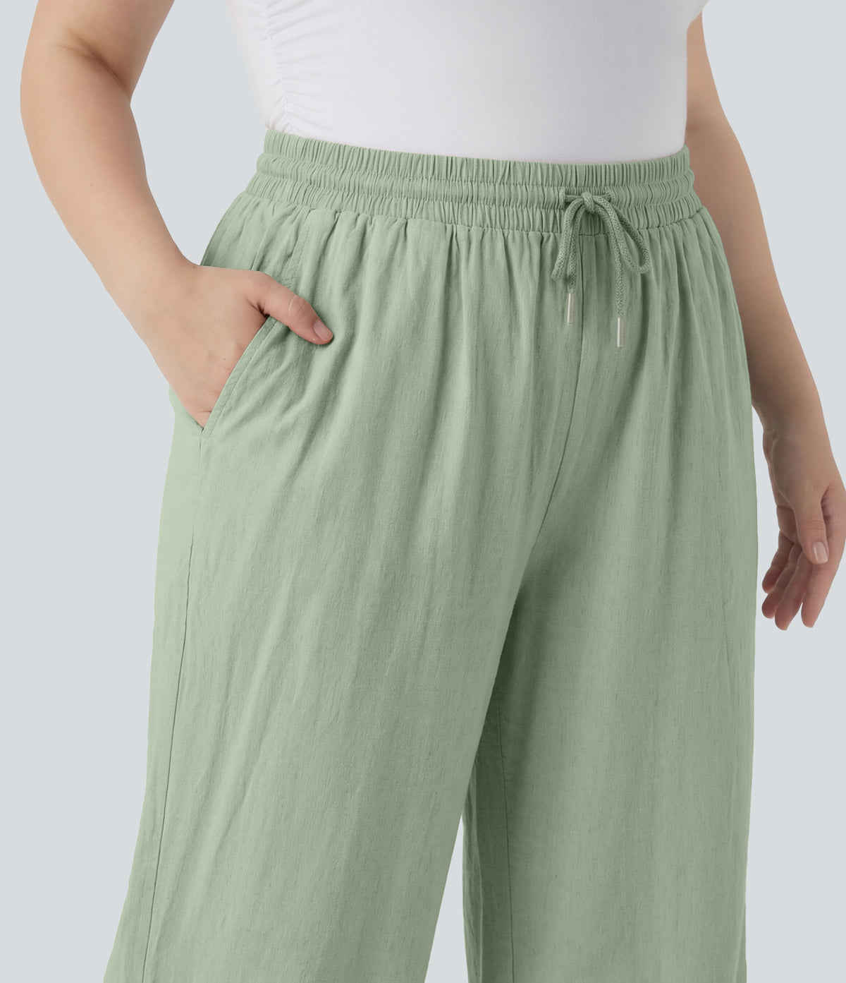 Plus Size High Waisted Drawstring Wide Leg Casual Linen-Blend Pants with Pockets — Mist Meadow Green — view 4