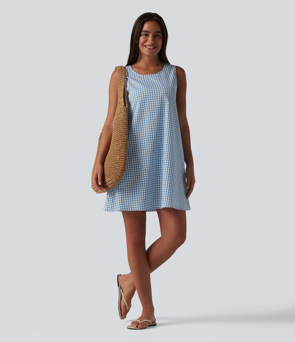Round Neck Sleeveless Mini Crinkle Gingham Casual Tank Dress with Pockets — Blue White Bubble Grid — view 7