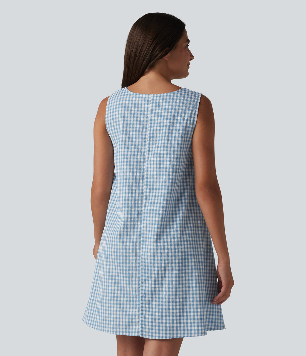 Round Neck Sleeveless Mini Crinkle Gingham Casual Tank Dress with Pockets — Blue White Bubble Grid — view 3