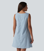 Round Neck Sleeveless Mini Crinkle Gingham Casual Tank Dress with Pockets — Blue White Bubble Grid — view 3