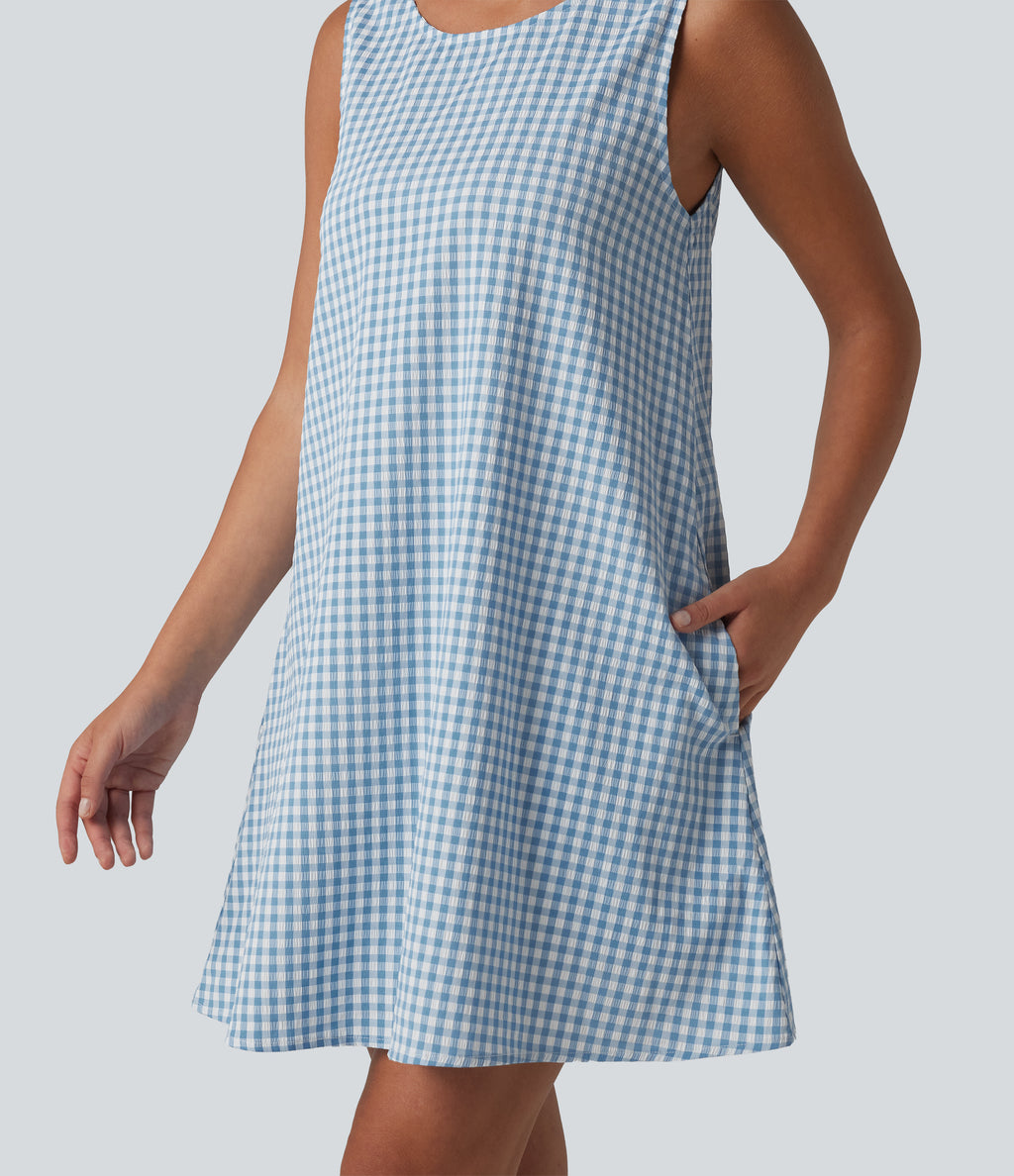 Round Neck Sleeveless Mini Crinkle Gingham Casual Tank Dress with Pockets — Blue White Bubble Grid — view 5