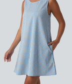 Round Neck Sleeveless Mini Crinkle Gingham Casual Tank Dress with Pockets — Blue White Bubble Grid — view 5