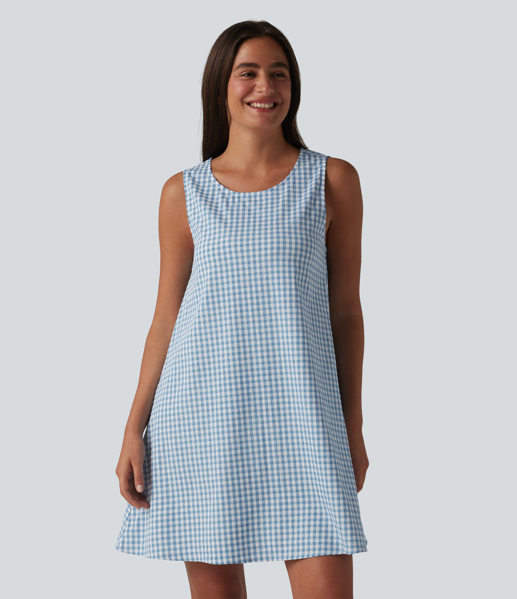 Round Neck Sleeveless Mini Crinkle Gingham Casual Tank Dress with Pockets — Blue White Bubble Grid — view 4