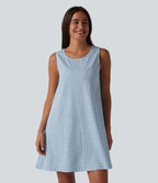 Round Neck Sleeveless Mini Crinkle Gingham Casual Tank Dress with Pockets — Blue White Bubble Grid — view 4