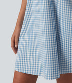 Round Neck Sleeveless Mini Crinkle Gingham Casual Tank Dress with Pockets — Blue White Bubble Grid — view 6