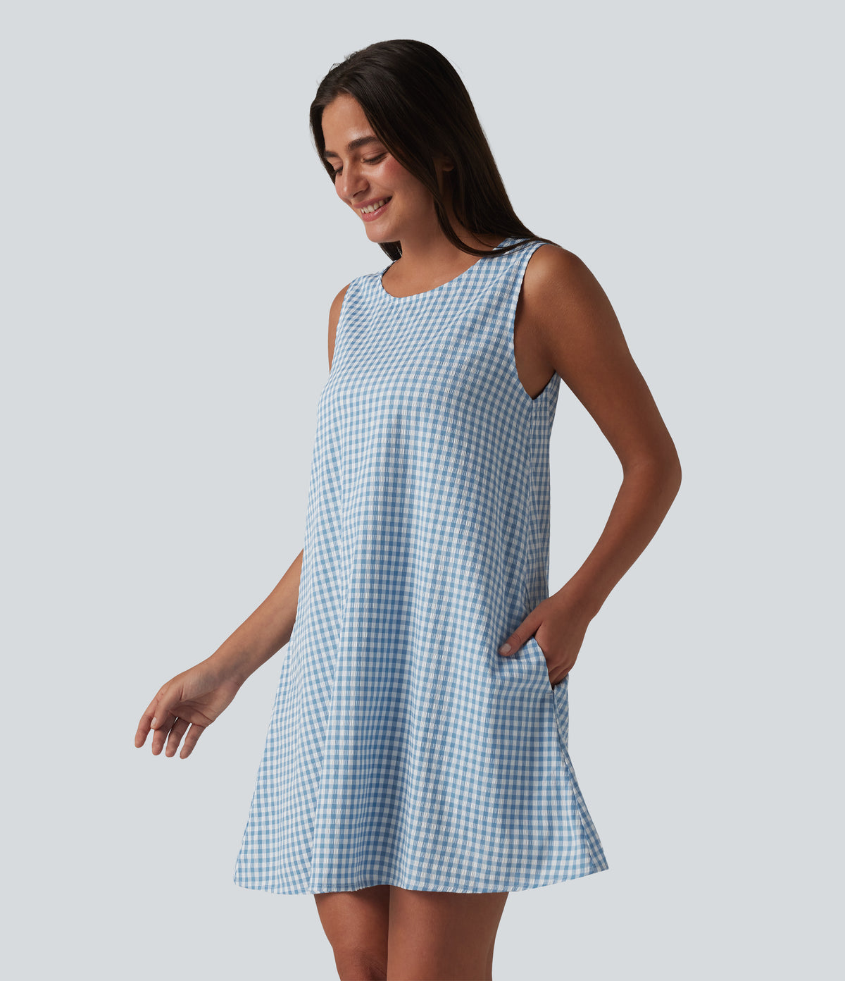 Round Neck Sleeveless Mini Crinkle Gingham Casual Tank Dress with Pockets — Blue White Bubble Grid — view 1