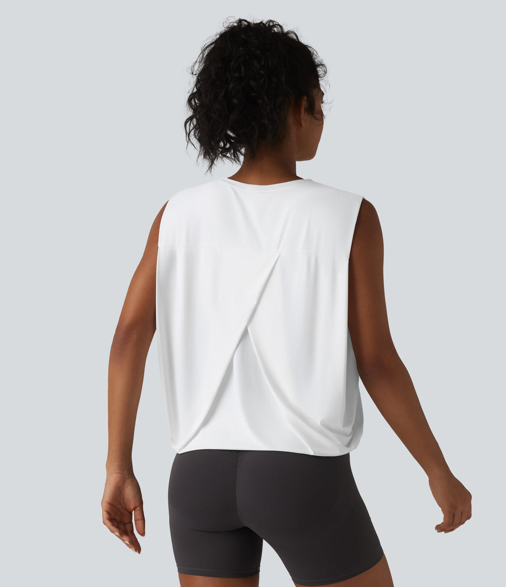 Round Neck Crossover InstantCool Yoga Tank Top-UPF50+ — White — view 4