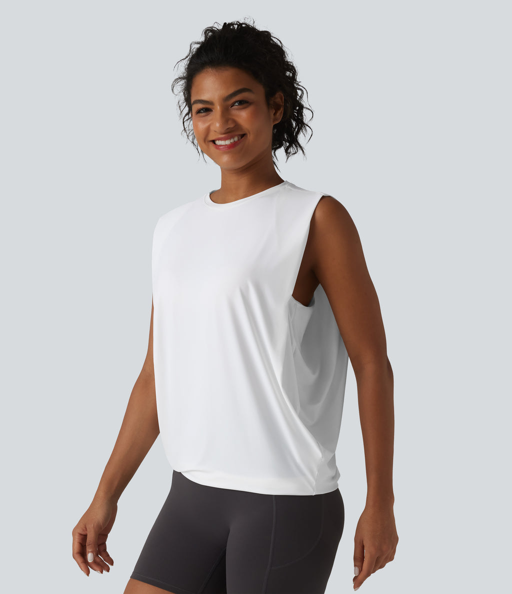 Round Neck Crossover InstantCool Yoga Tank Top-UPF50+ — White — view 3