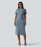 Denim Boat Neck Short Sleeve Ruched Split Midi Casual Dress — Blue Jasper Denim — view 3