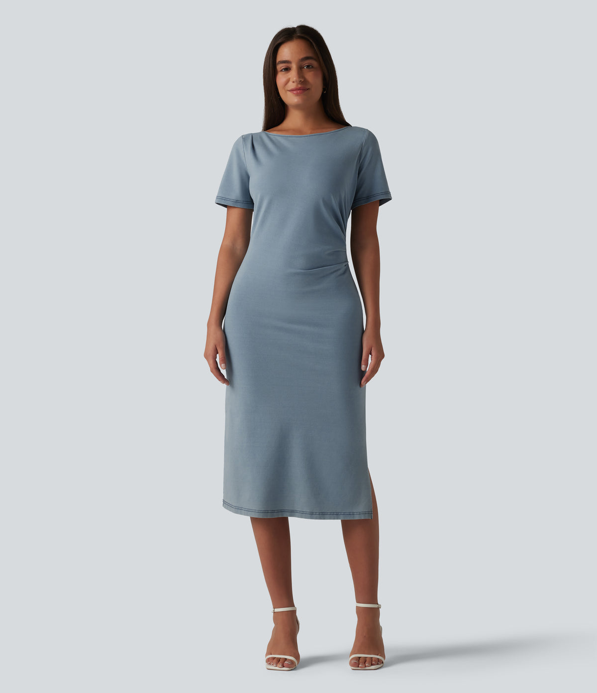Denim Boat Neck Short Sleeve Ruched Split Midi Casual Dress — Blue Jasper Denim — view 3
