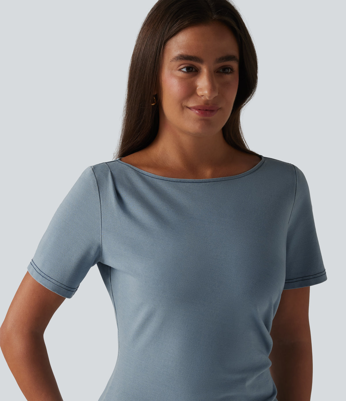 Denim Boat Neck Short Sleeve Ruched Split Midi Casual Dress — Blue Jasper Denim — view 4