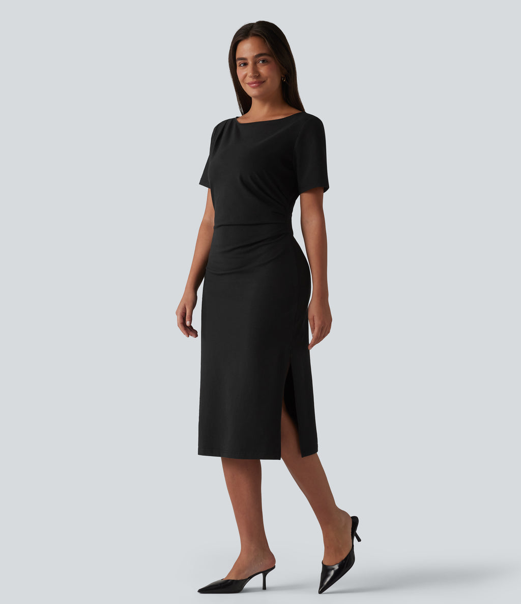 Denim Boat Neck Short Sleeve Ruched Split Midi Casual Dress — Black — view 6