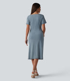 Denim Boat Neck Short Sleeve Ruched Split Midi Casual Dress — Blue Jasper Denim — view 2