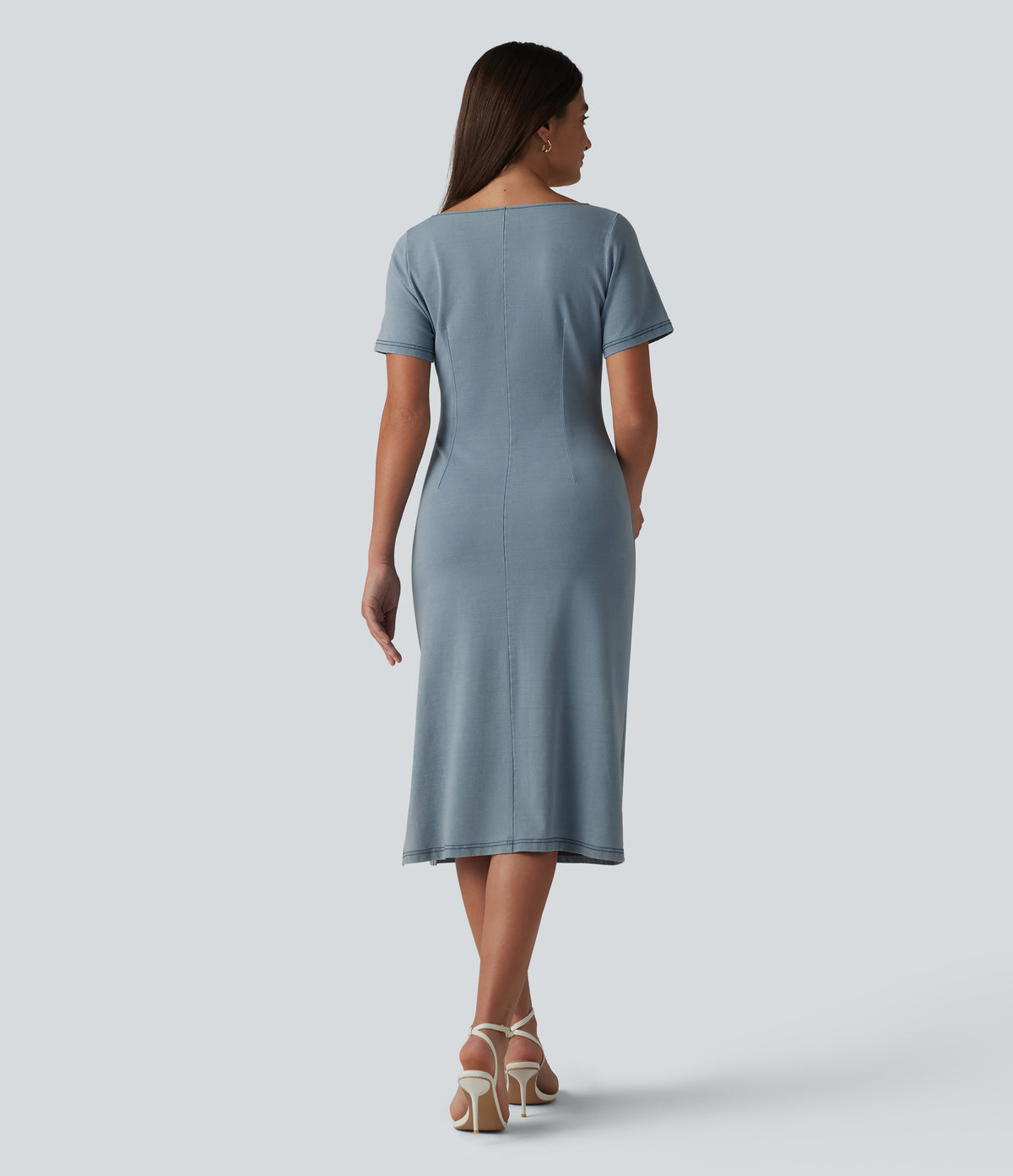 Denim Boat Neck Short Sleeve Ruched Split Midi Casual Dress — Blue Jasper Denim — view 2