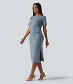 Denim Boat Neck Short Sleeve Ruched Split Midi Casual Dress — Blue Jasper Denim — view 1