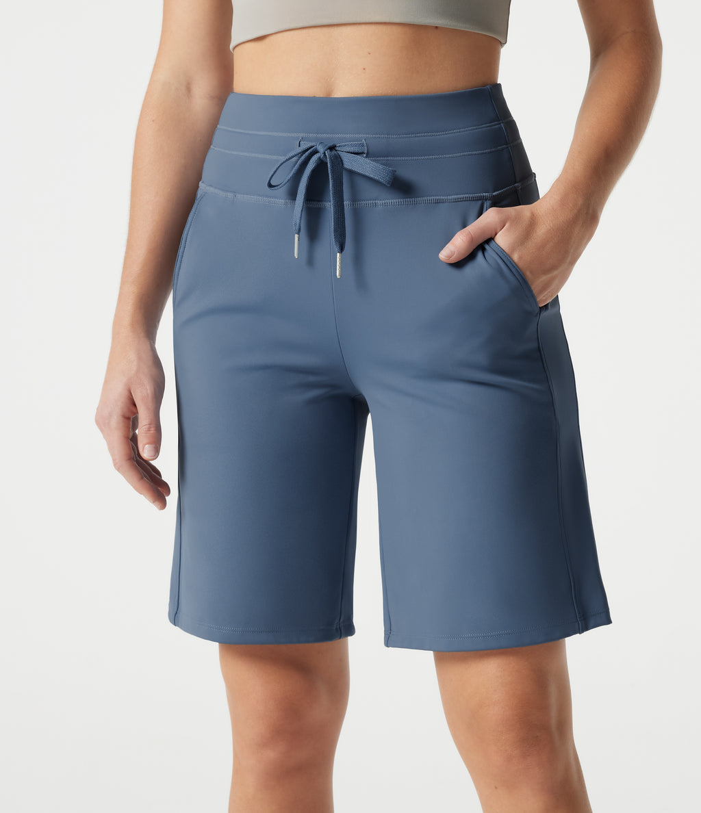 Plush High Waisted Drawstring Workout Shorts with Pockets — Grey Blue — view 4