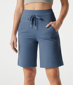 Plush High Waisted Drawstring Workout Shorts with Pockets — Grey Blue — view 4