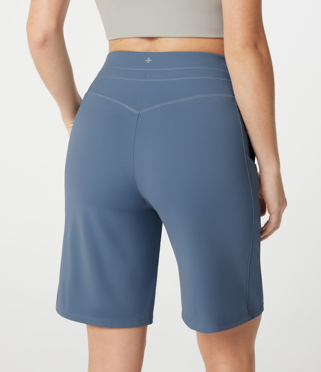 Plush High Waisted Drawstring Workout Shorts with Pockets — Grey Blue — view 5