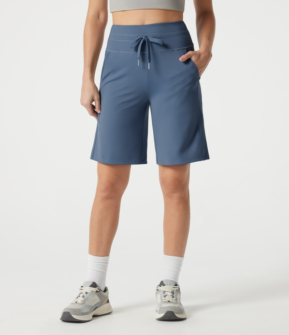 Plush High Waisted Drawstring Workout Shorts with Pockets — Grey Blue — view 1