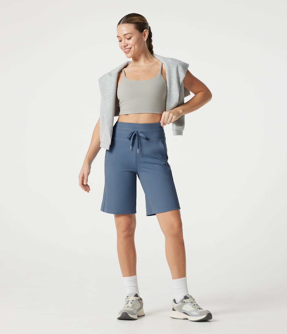 Plush High Waisted Drawstring Workout Shorts with Pockets — Grey Blue — view 7