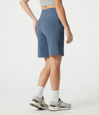 Plush High Waisted Drawstring Workout Shorts with Pockets — Grey Blue — view 2