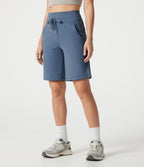 Plush High Waisted Drawstring Workout Shorts with Pockets — Grey Blue — view 3