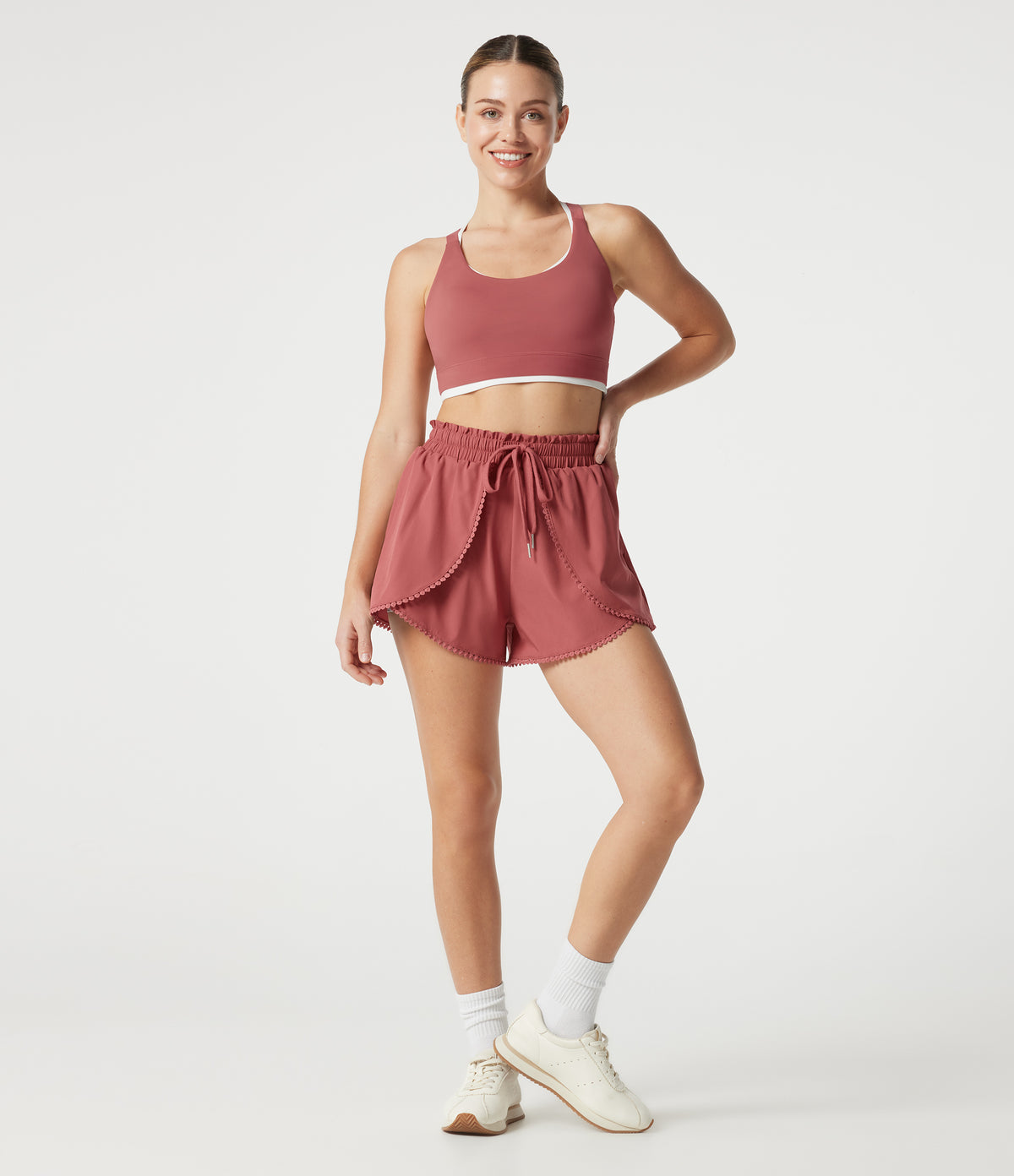 High Waisted Drawstring 2-in-1 Quick Dry Workout Shorts 3'' with Pockets — Kapok Red — view 7