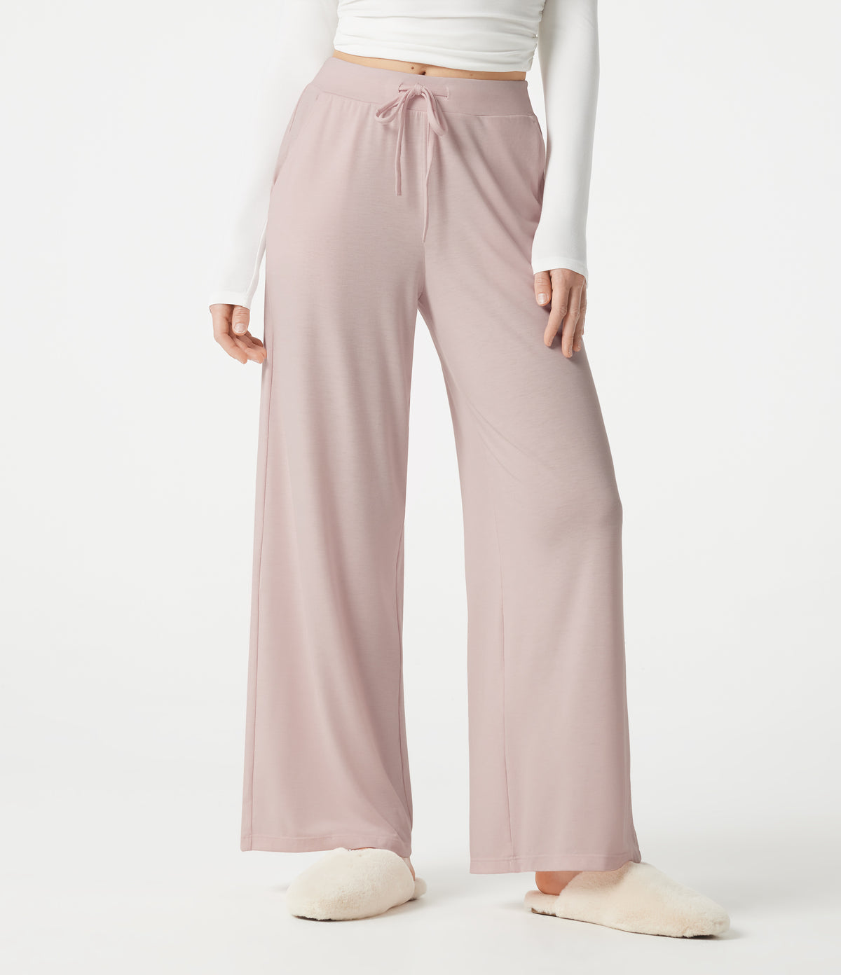 Mid Rise Drawstring Lounging Baggy Pants with Pockets — Soft Petal Heather — view 3